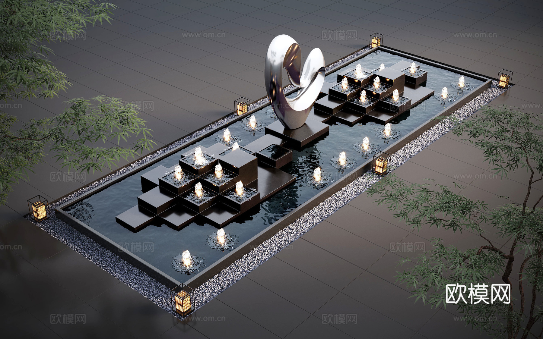 现代水景观 庭院水景 水钵叠水 跌水3d模型