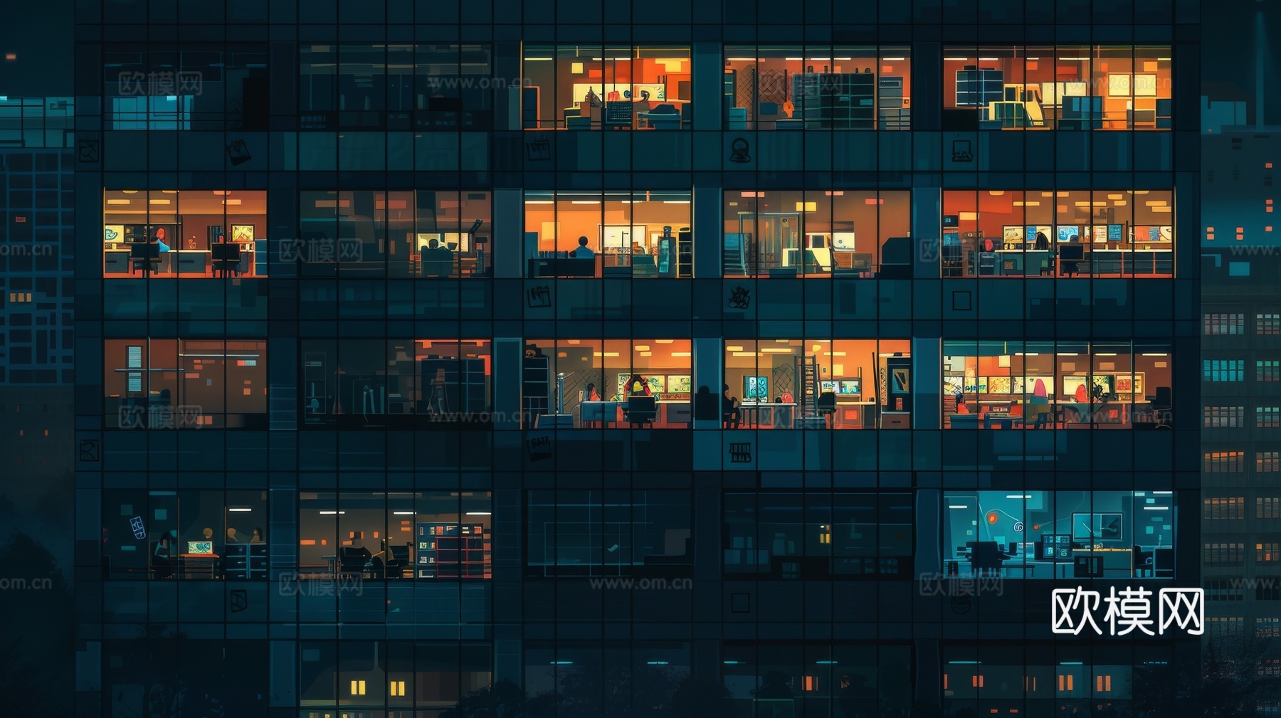 夜晚窗景建筑外立面玻璃幕墙