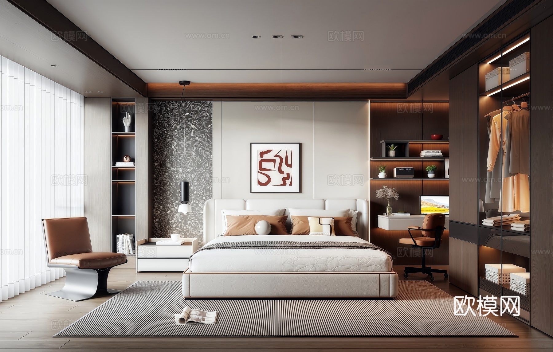 现代意式卧室 衣柜 书桌台 懒人沙发 双人床 装饰画3d模型