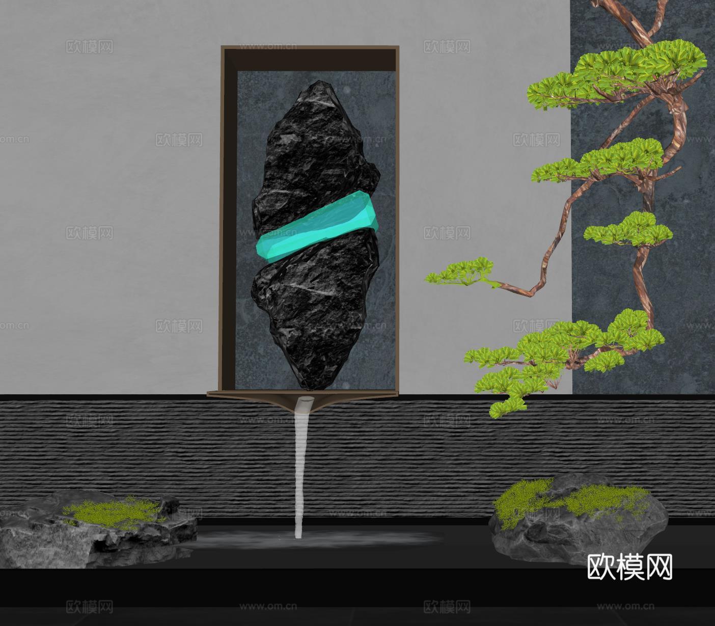 新中式室内水景观 流水 景观石 倒挂松树su模型