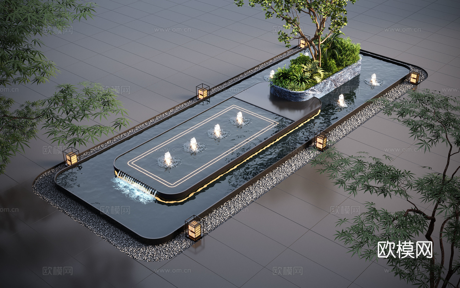 现代水景观 庭院水景 水钵叠水 跌水3d模型
