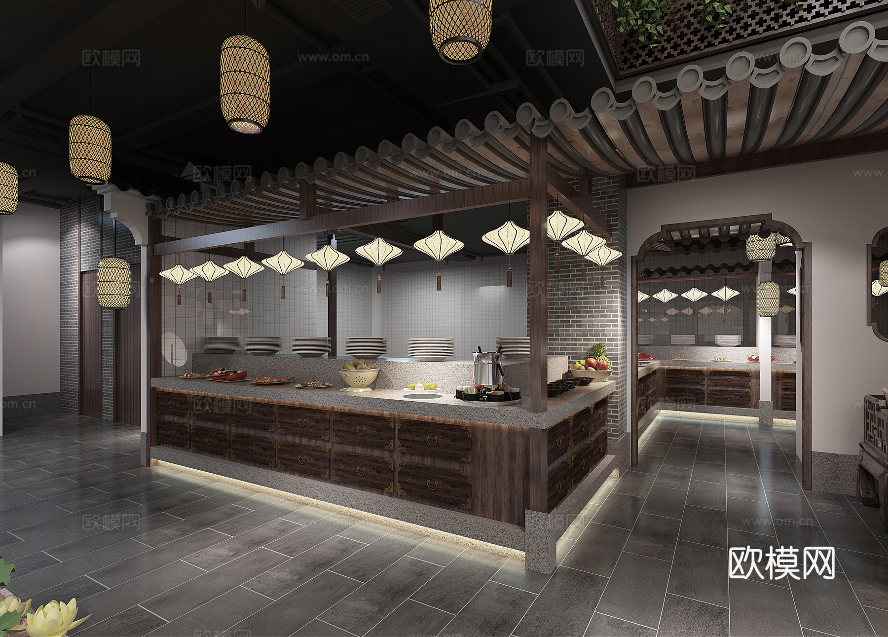 徽派元素中式餐厅包厢 吊灯 餐桌椅3d模型