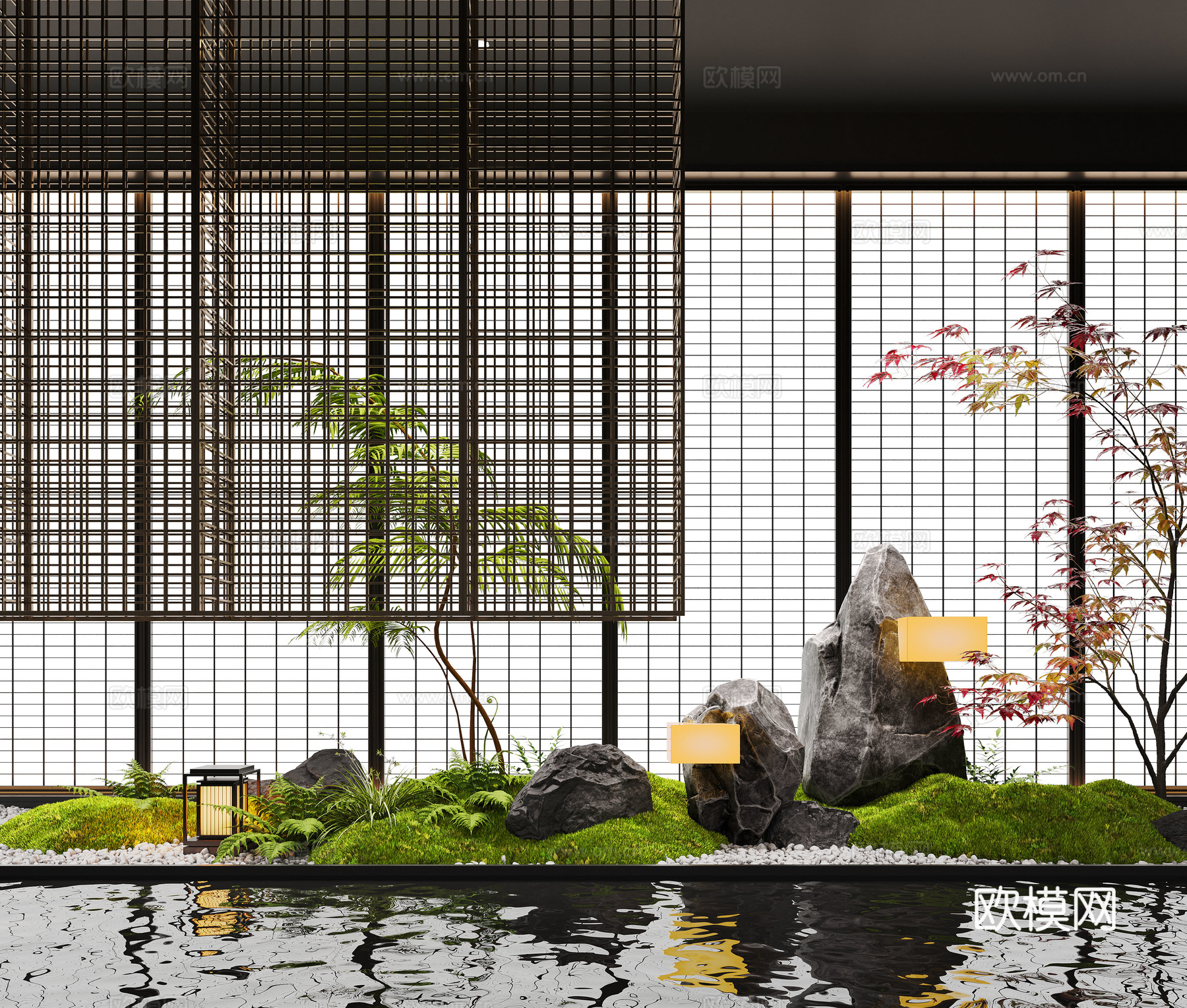 新中式景观造景 室内景观 苔藓植物 景观石su模型