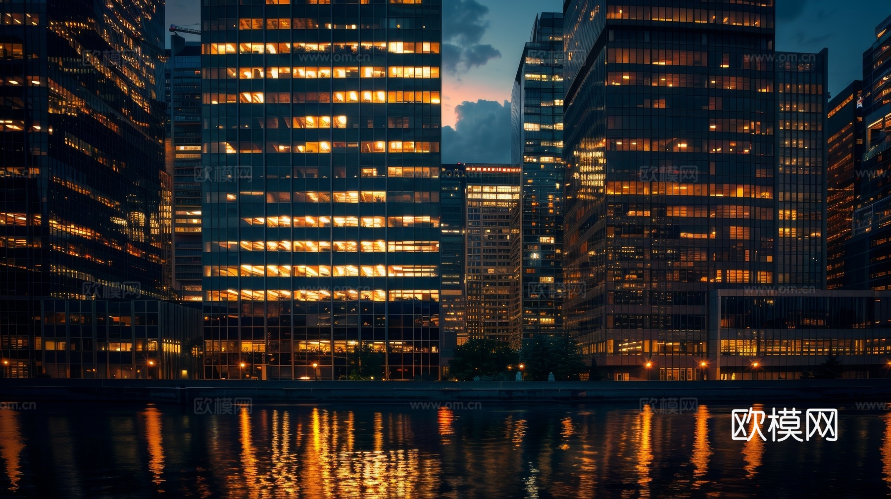 夜晚窗景建筑外立面玻璃幕墙下载（渲染图1）