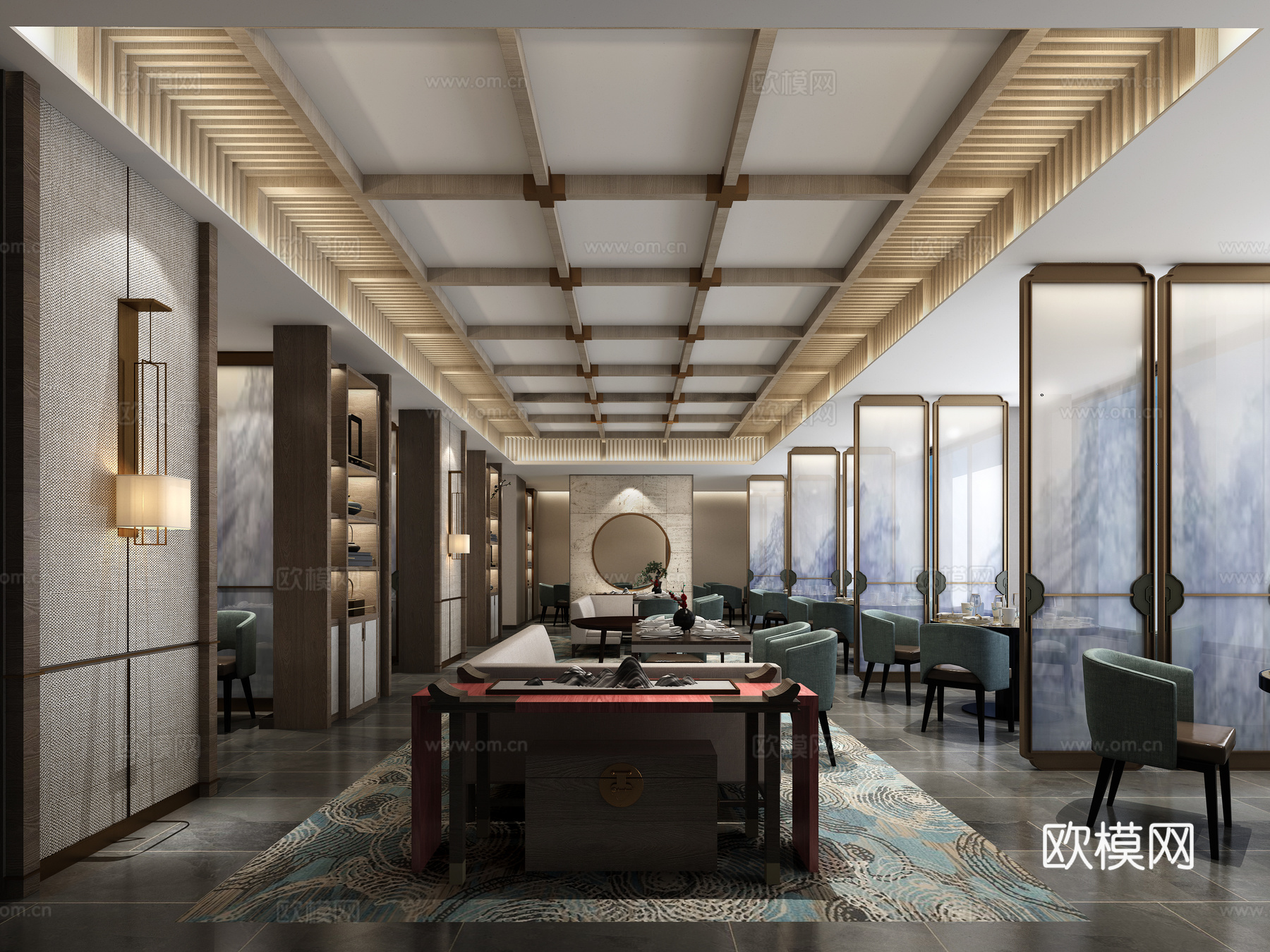 新中式酒店餐厅 餐桌椅 壁灯3d模型