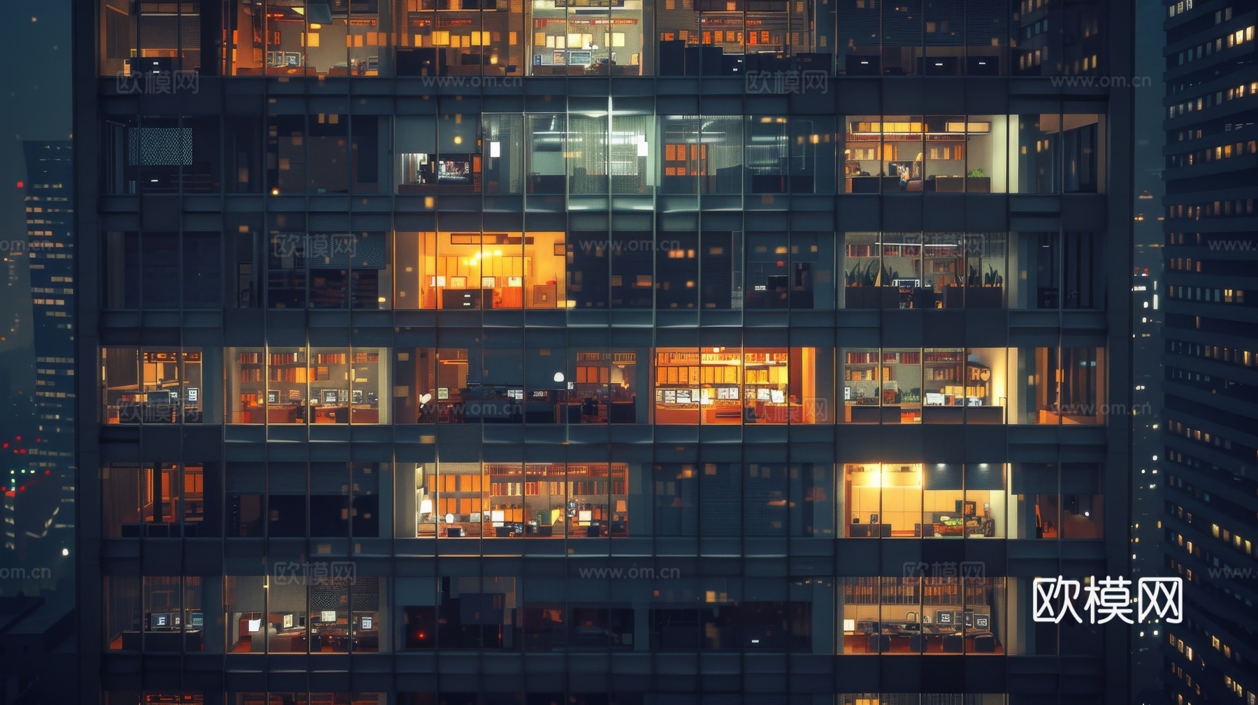 夜晚窗景建筑外立面玻璃幕墙