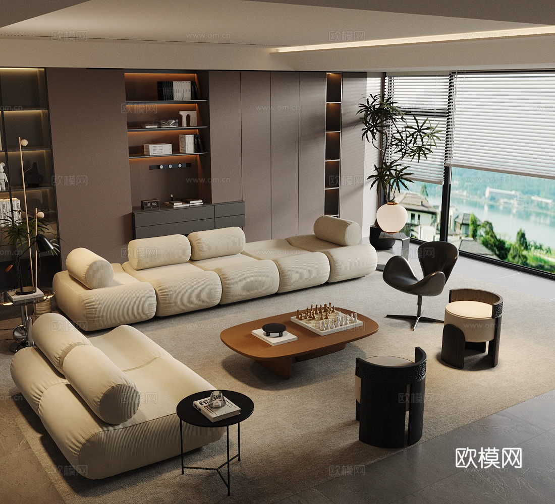 现代意式家居客厅 轻奢意式客厅 沙发茶几组合 高级灰客厅su模型