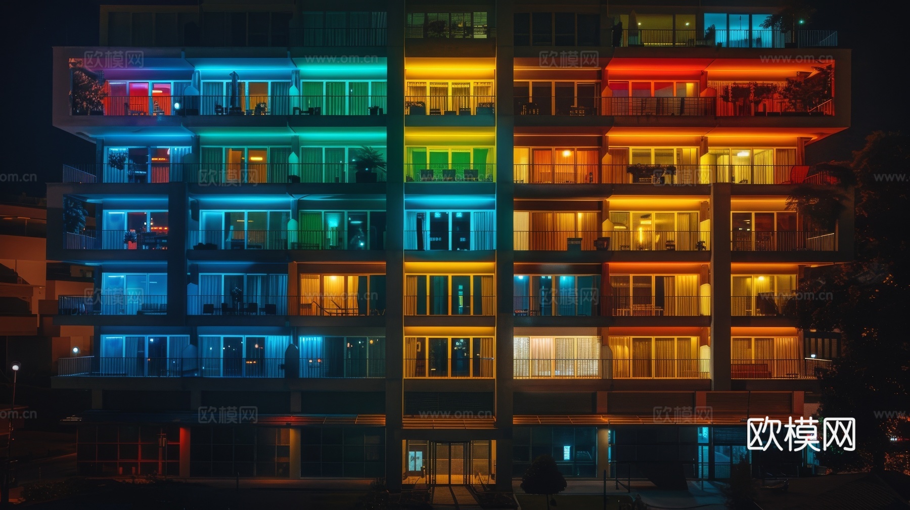 夜晚窗景建筑外立面玻璃幕墙
