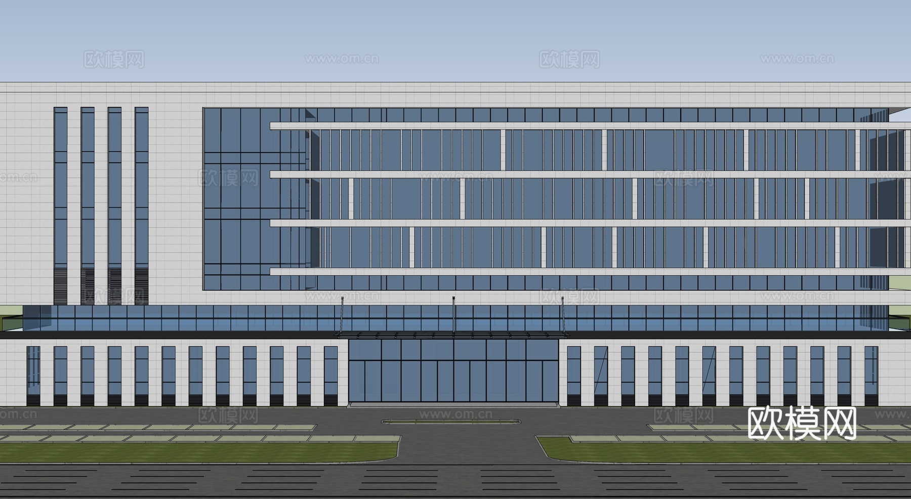 现代多层办公楼 停车场 升旗台 办公楼建筑 平顶su模型