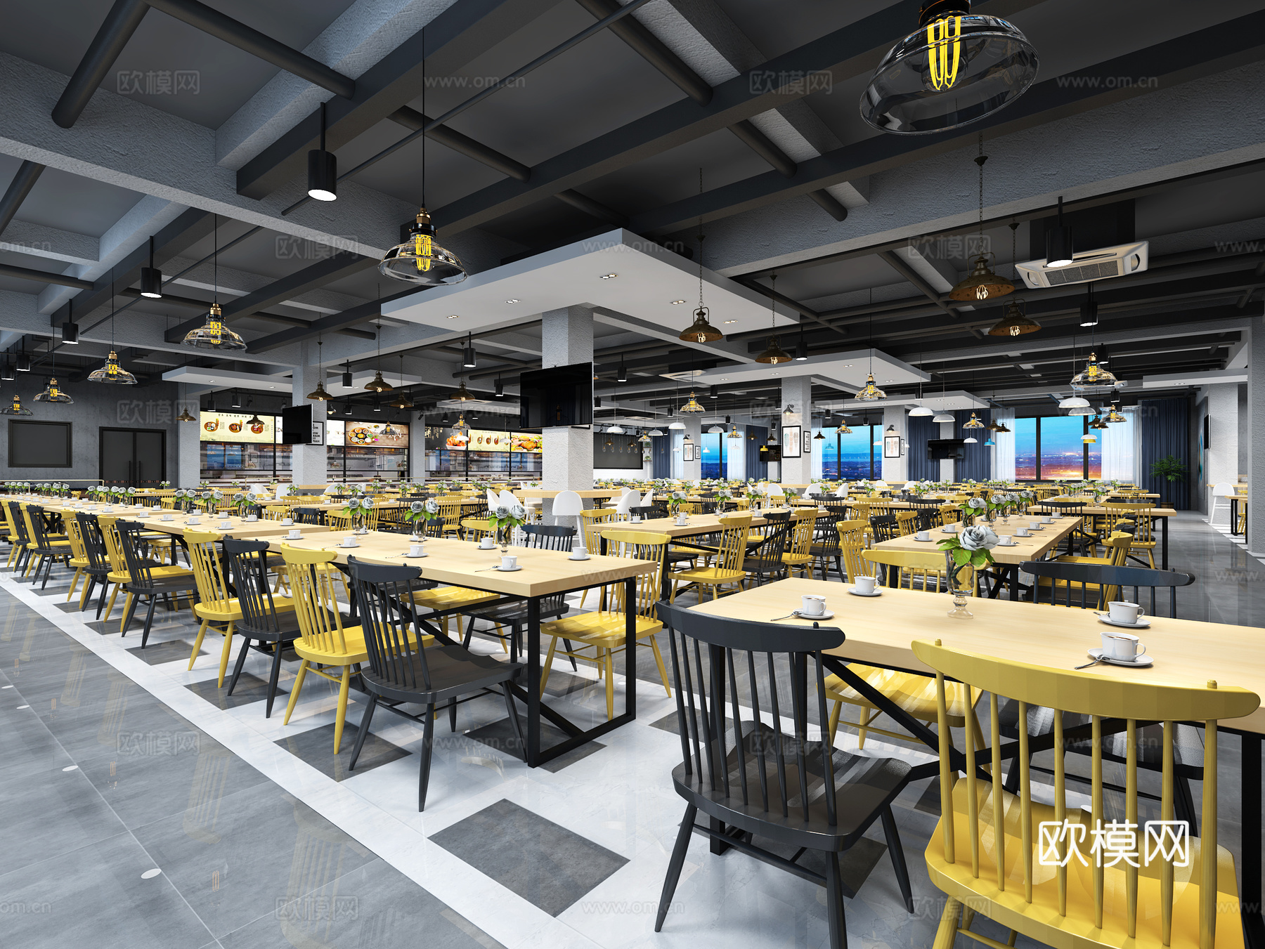 工业风食堂 餐桌椅 吊灯3d模型