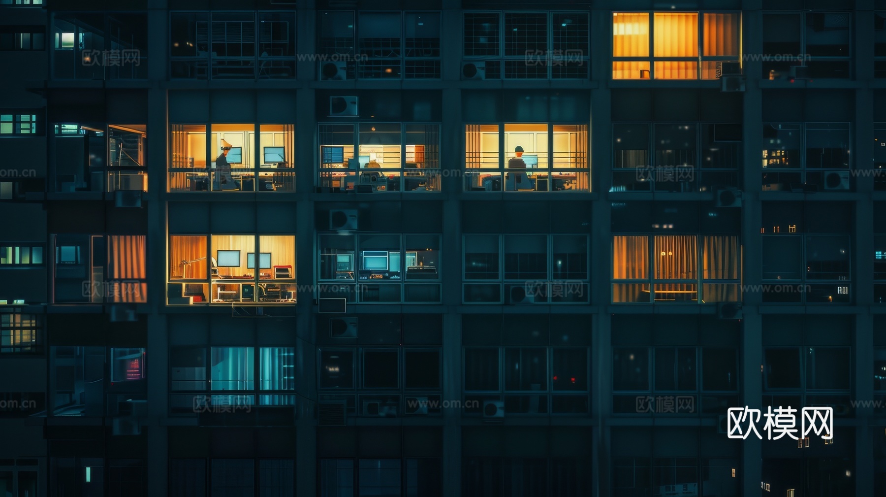 夜晚窗景建筑外立面玻璃幕墙