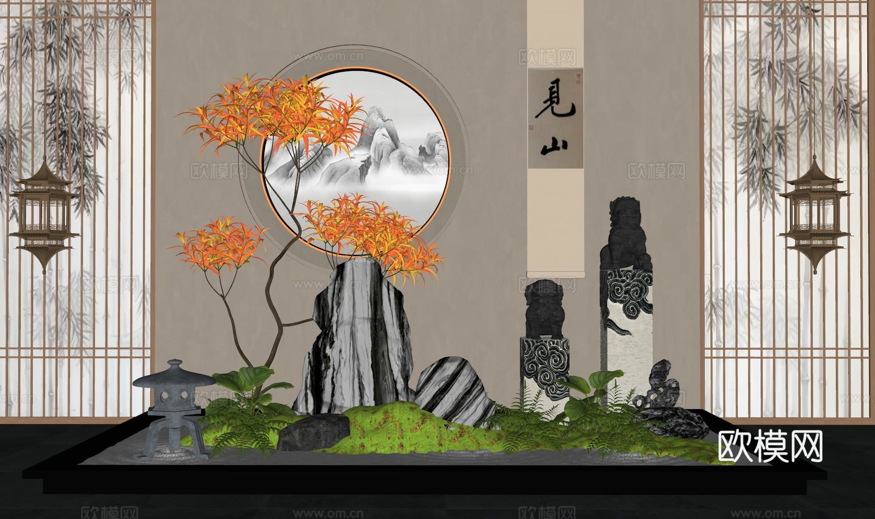 新中式景观造景 室内景观 苔藓植物 景观石su模型