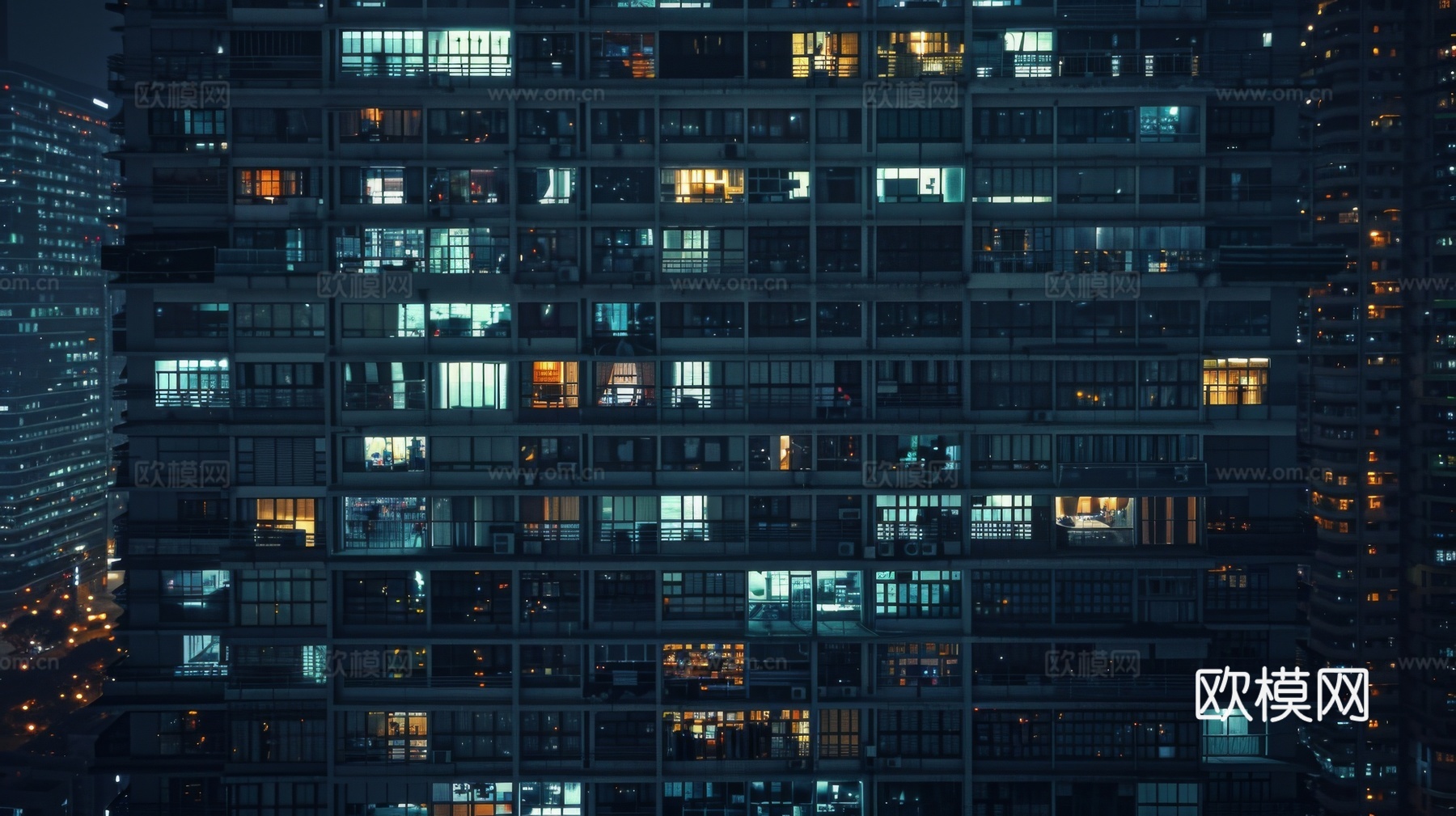 夜晚窗景建筑外立面玻璃幕墙