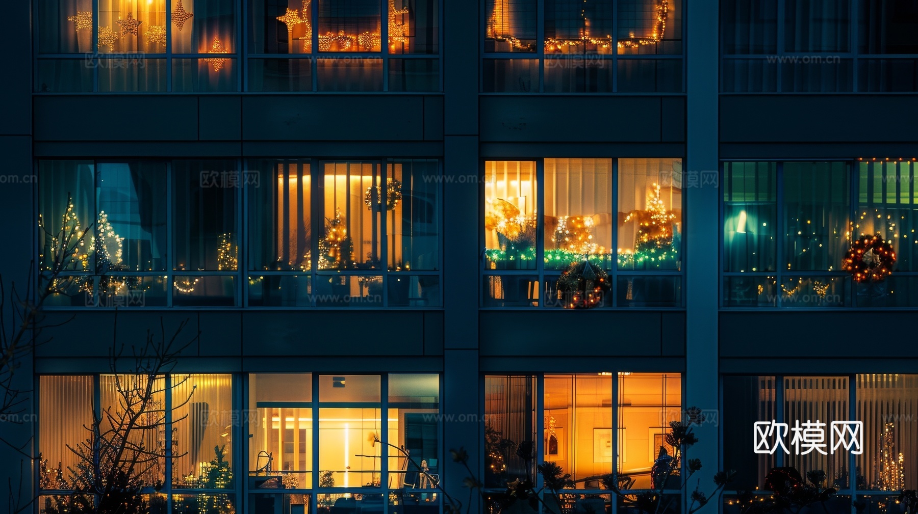 夜晚窗景建筑外立面玻璃幕墙