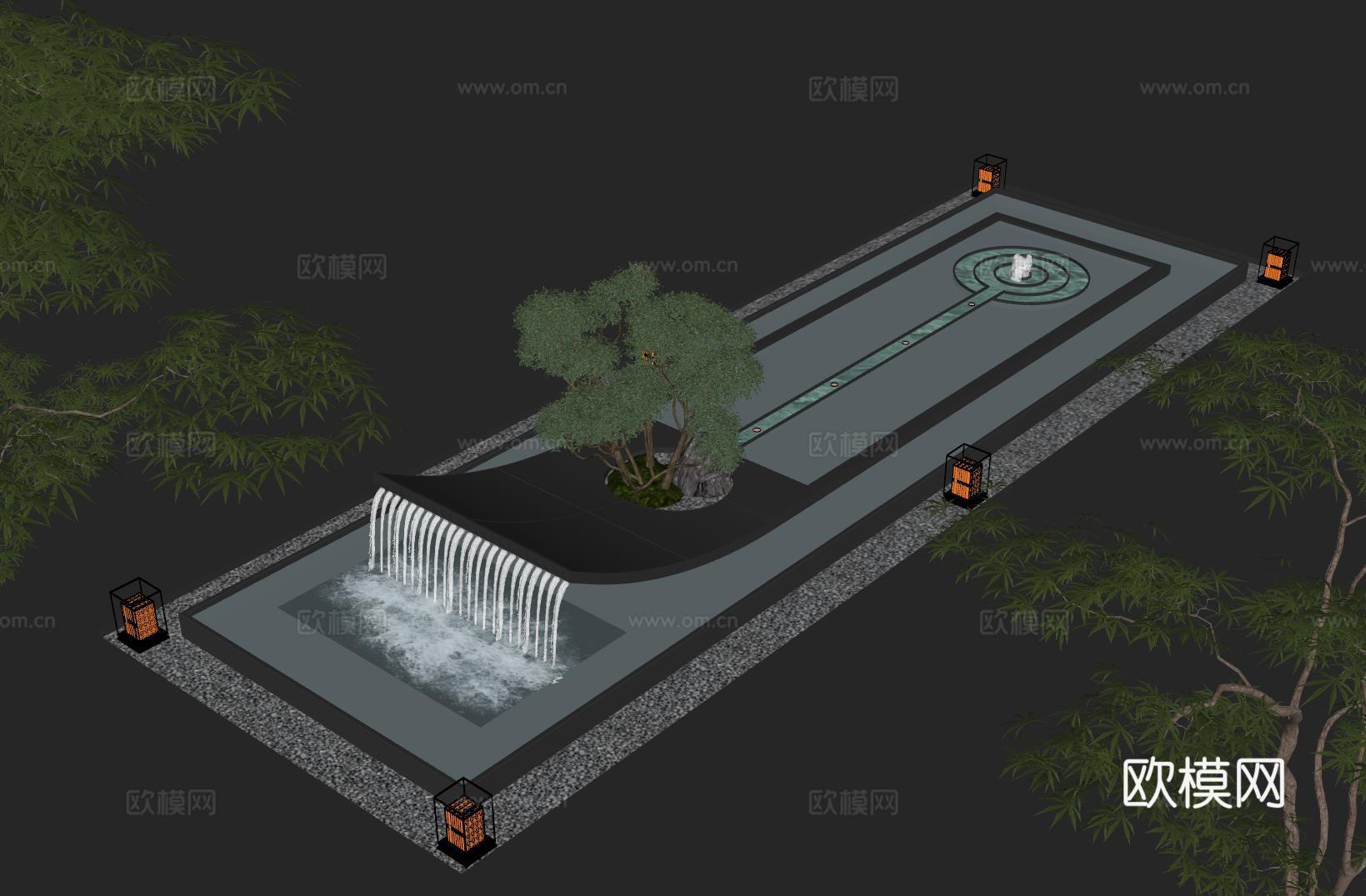 现代水景观 庭院水景 水钵叠水 跌水su模型