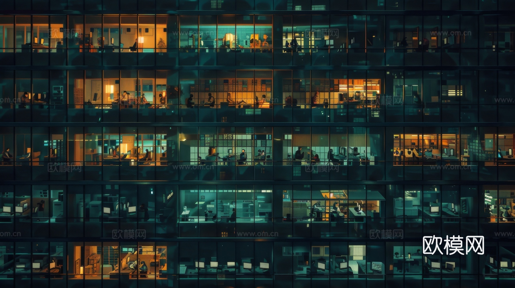 夜晚窗景建筑外立面玻璃幕墙