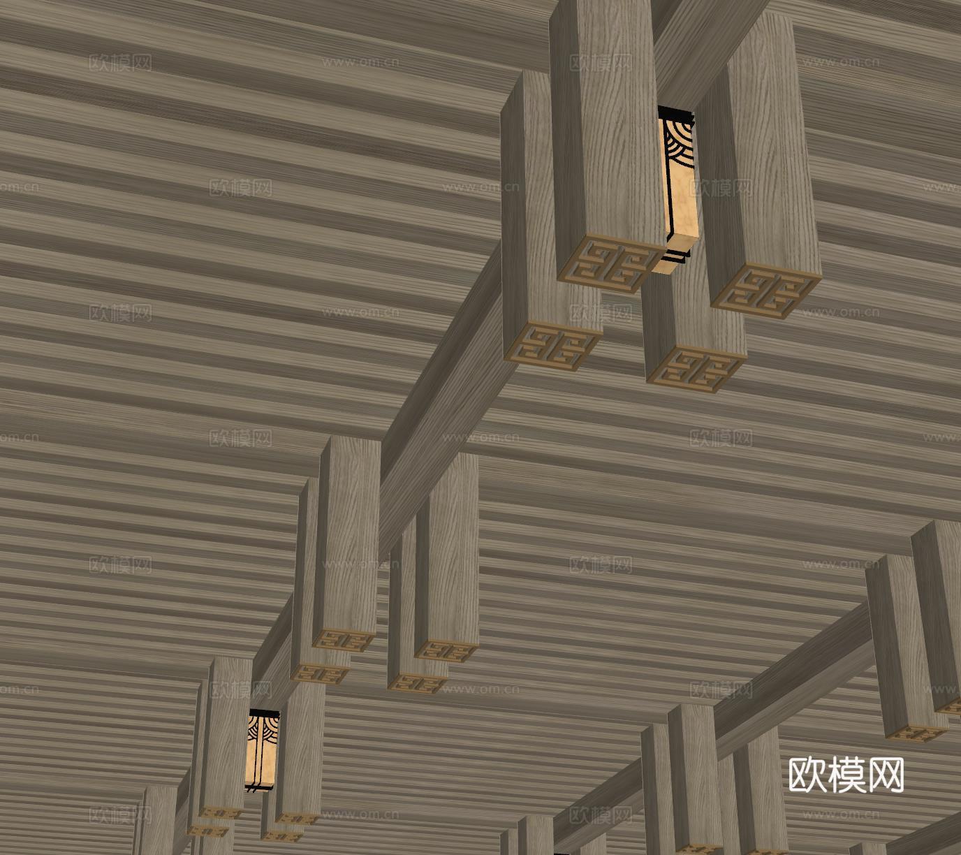 新中式吊顶 吊顶构件su模型
