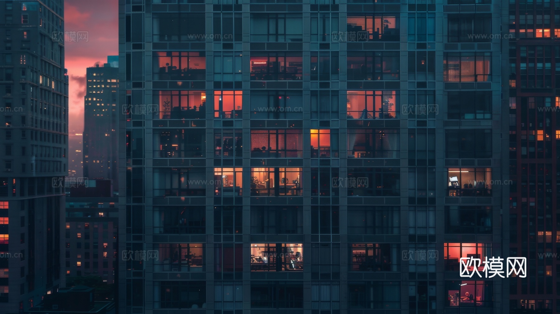 夜晚窗景建筑外立面玻璃幕墙