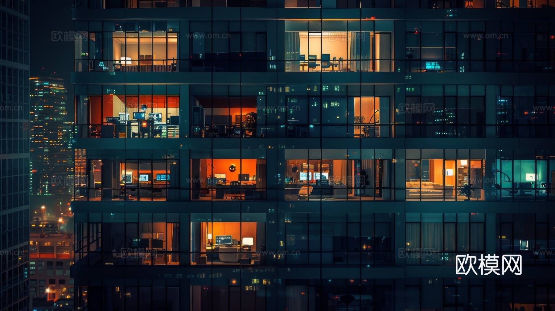 夜晚窗景建筑外立面玻璃幕墙