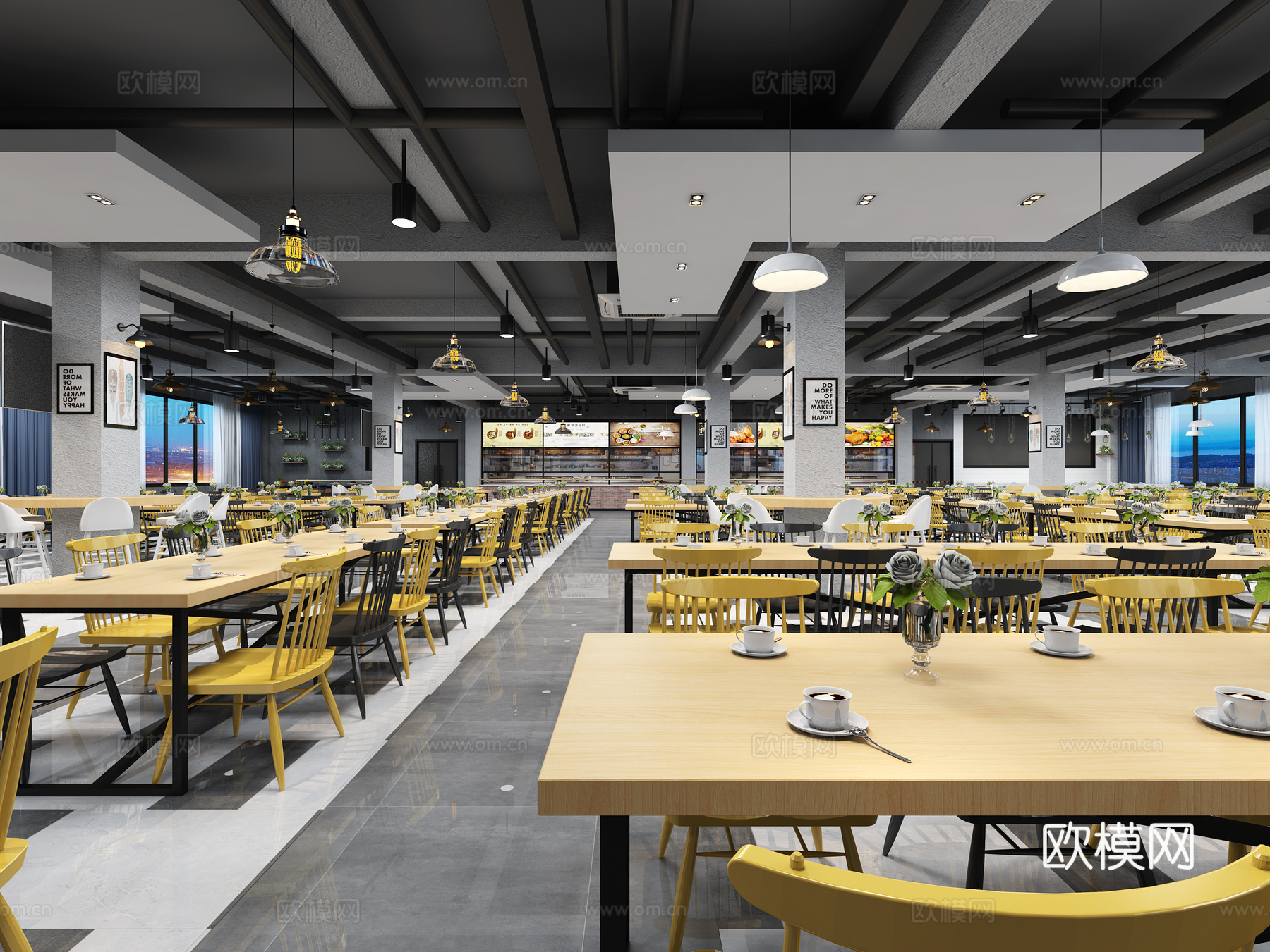 工业风食堂 餐桌椅 吊灯3d模型