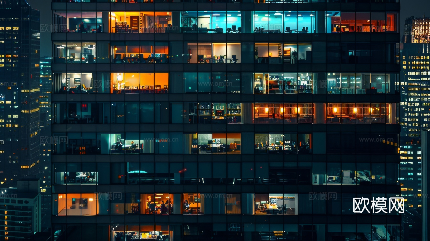 夜晚窗景建筑外立面玻璃幕墙