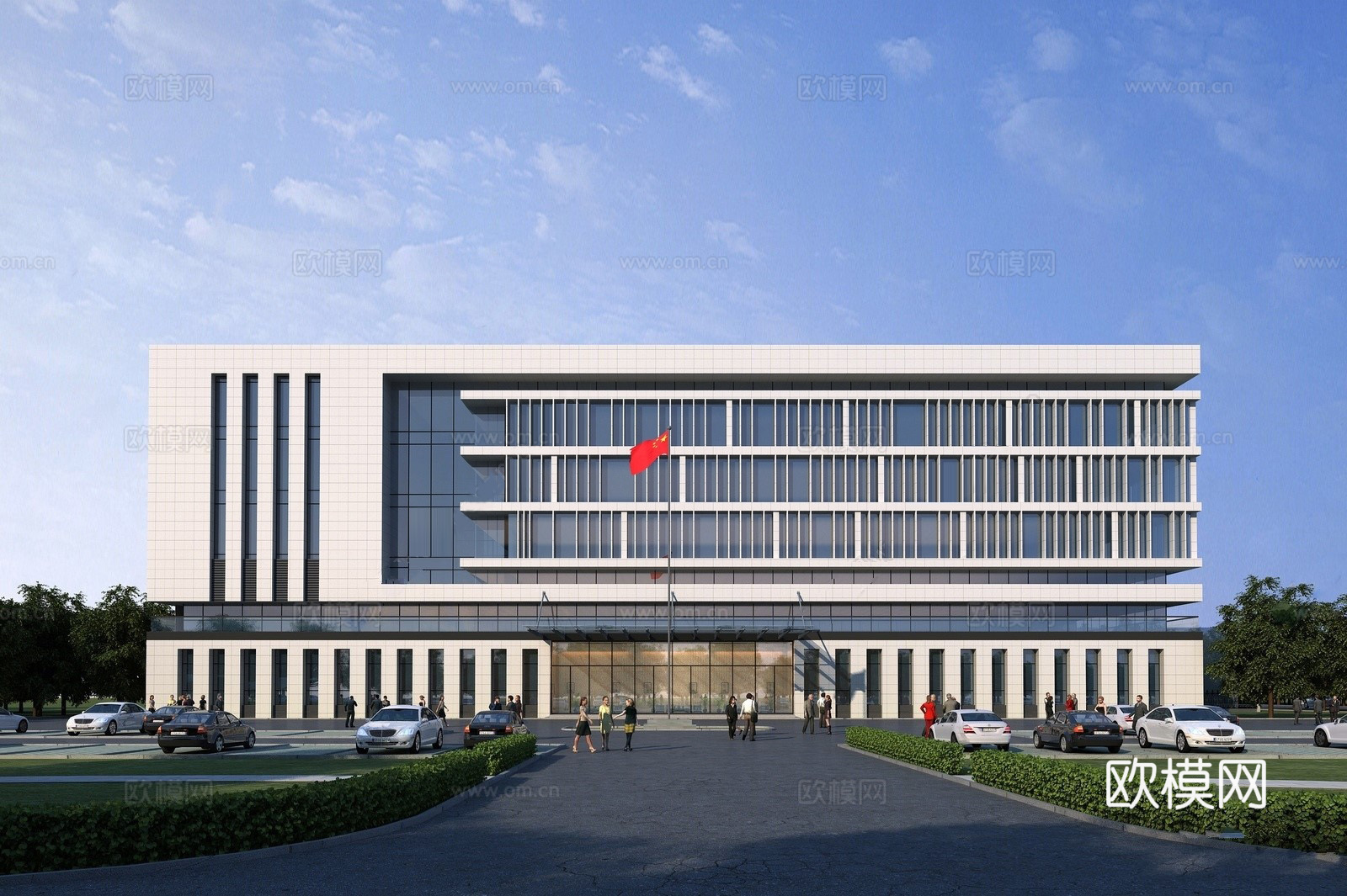 现代多层办公楼 停车场 升旗台 办公楼建筑 平顶su模型