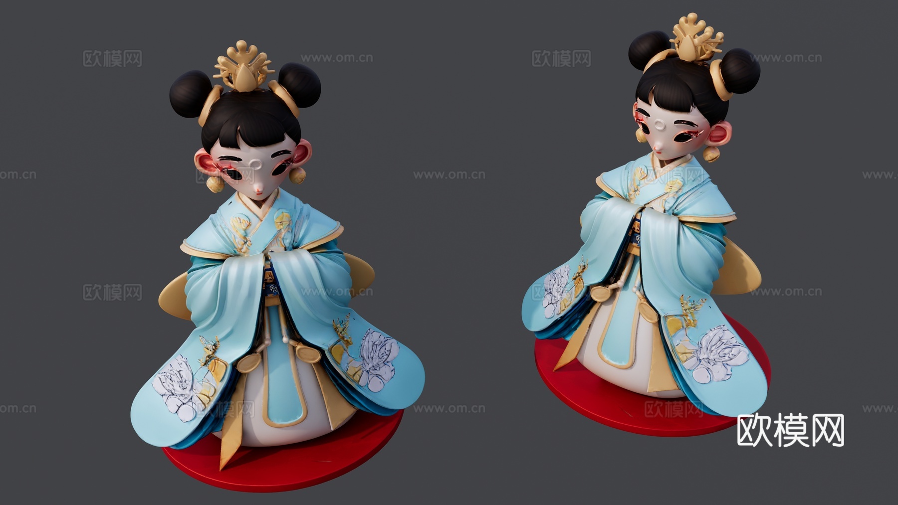蓝色古装女孩雕塑su模型