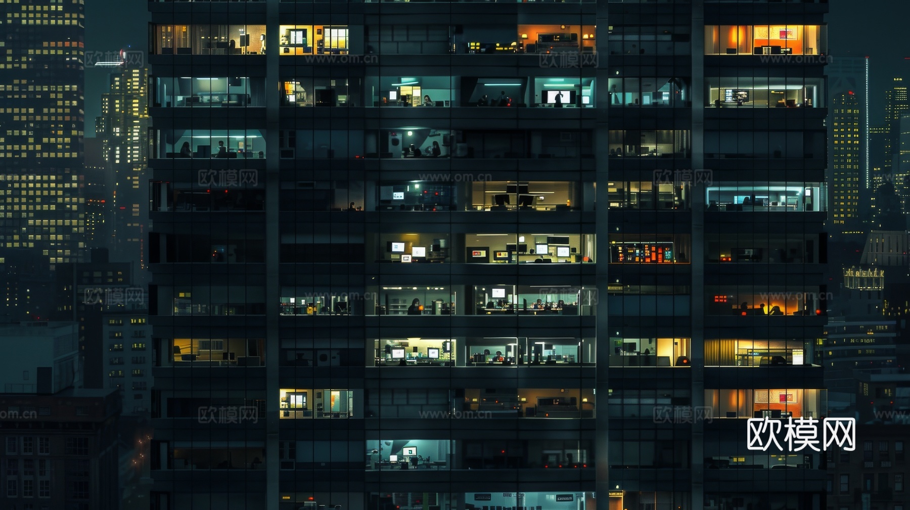夜晚窗景建筑外立面玻璃幕墙