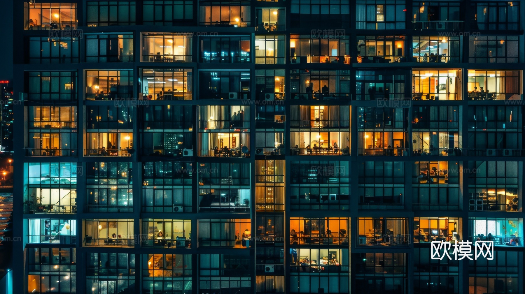 夜晚窗景建筑外立面玻璃幕墙