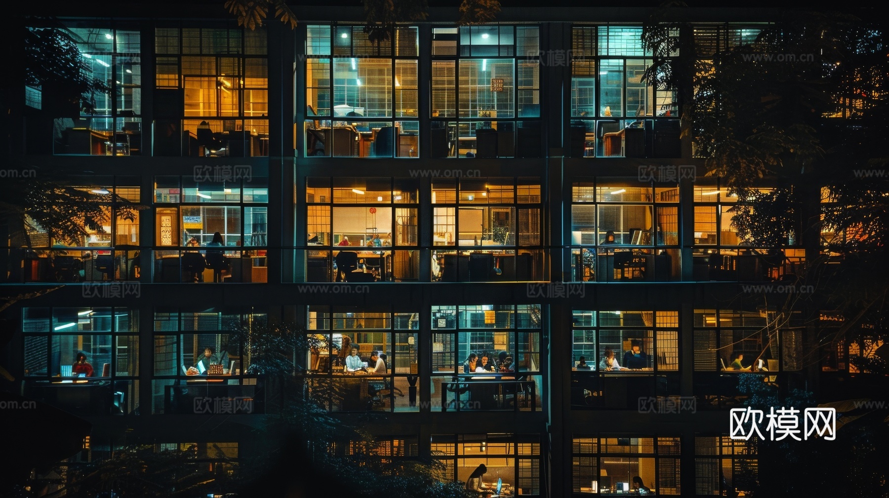 夜晚窗景建筑外立面玻璃幕墙