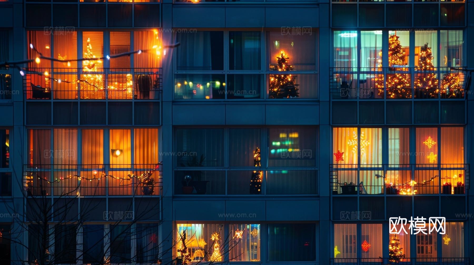 夜晚窗景建筑外立面玻璃幕墙