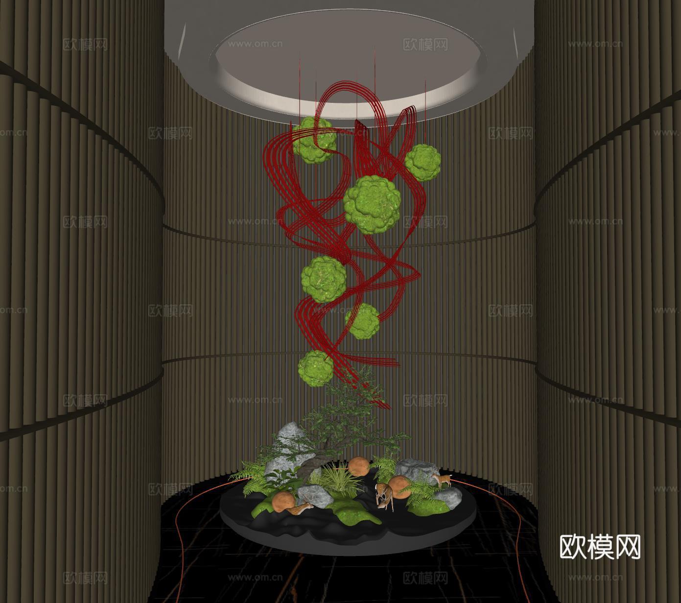 现代过道景观 室内景观 植物造景 藤编植物装置su模型