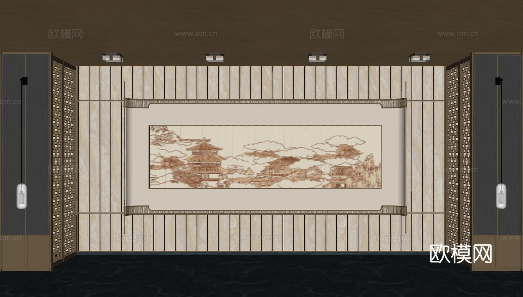 新中式大厅 装饰画 立体墙饰su模型