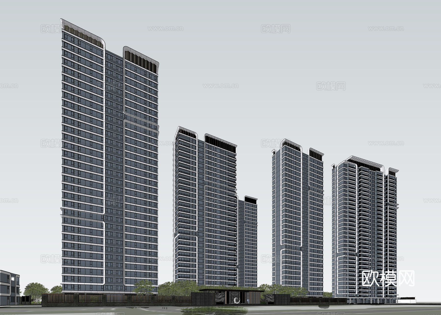 高端住宅小区大门 居住区景观  轻奢小区景观建筑su模型