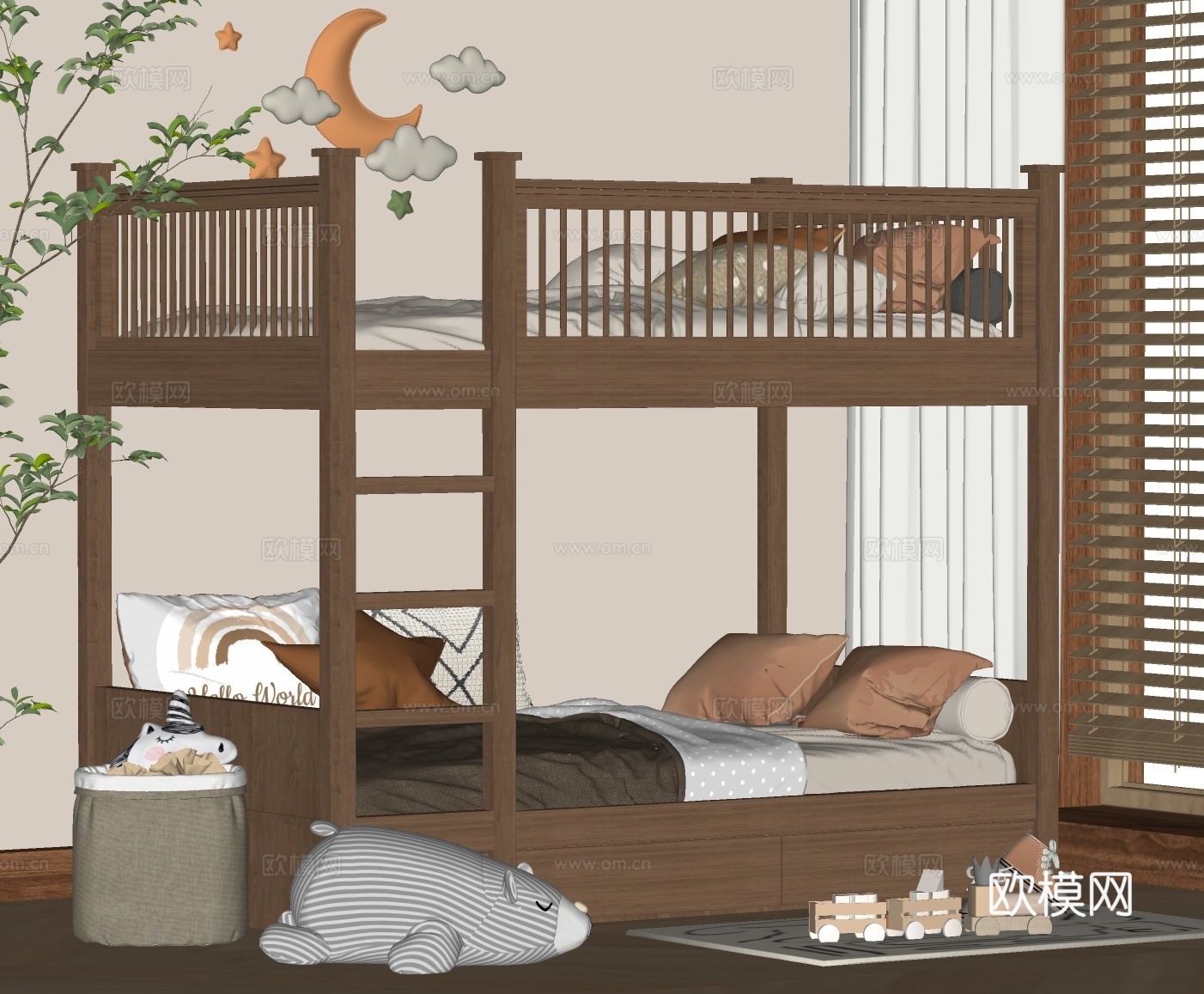 现代实木上下床 上下铺 双层床su模型