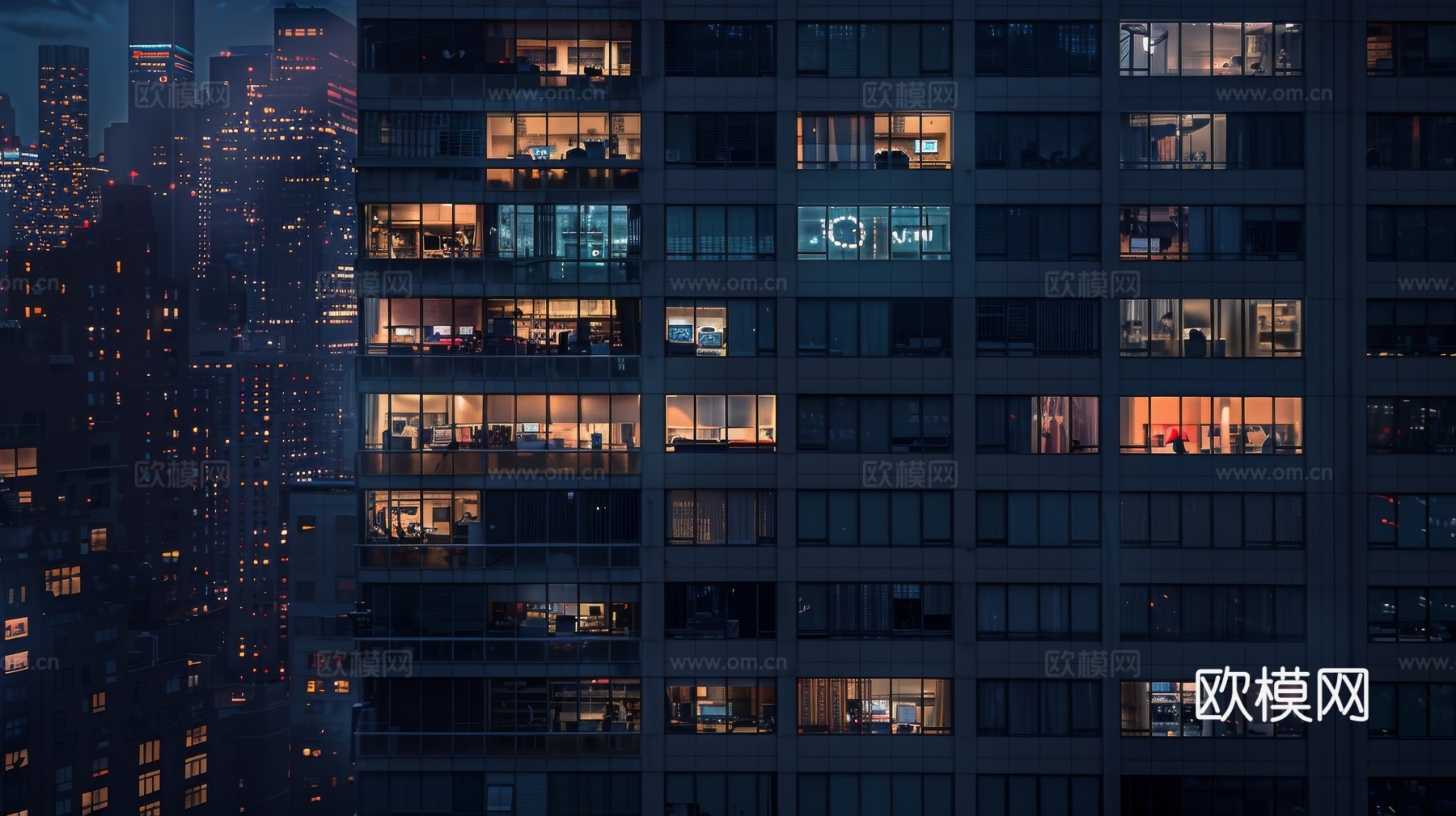 夜晚窗景建筑外立面玻璃幕墙
