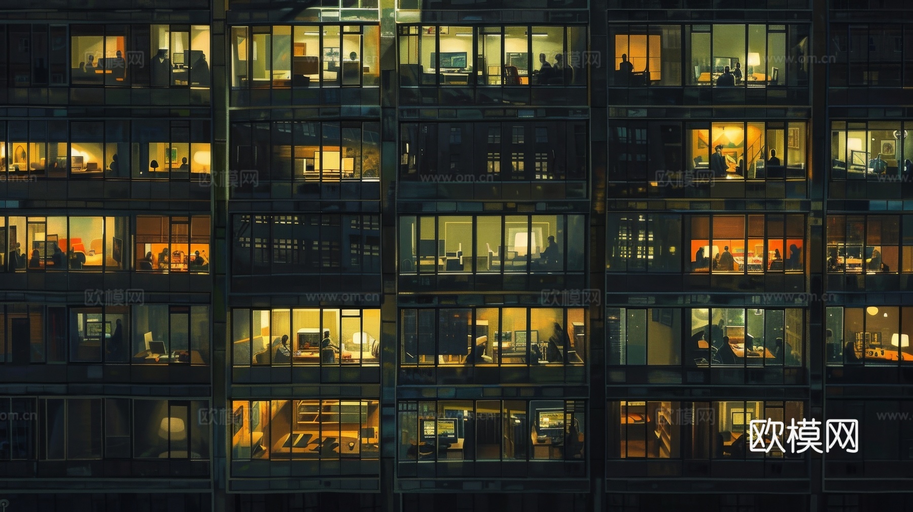 夜晚窗景建筑外立面玻璃幕墙