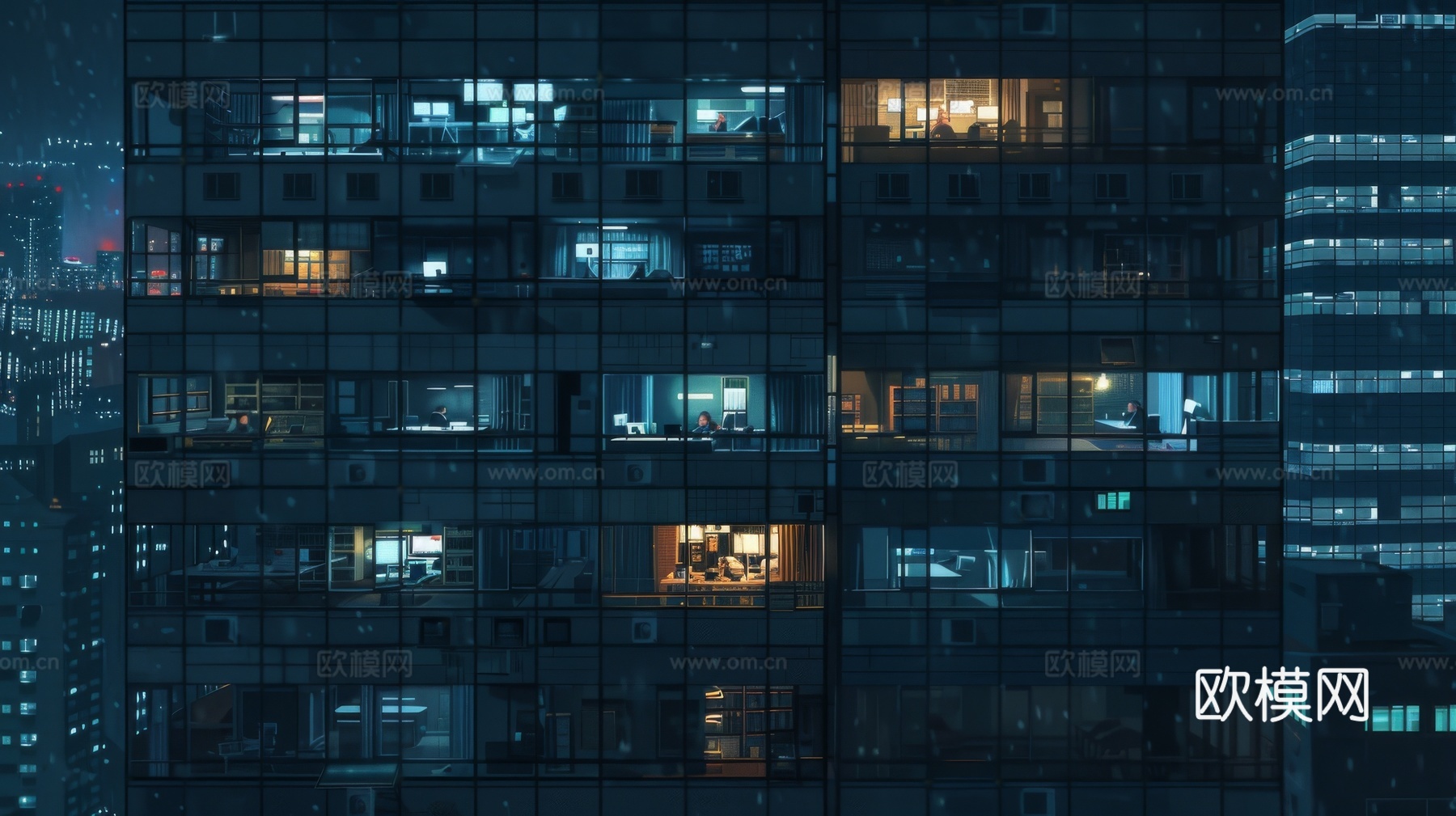 夜晚窗景建筑外立面玻璃幕墙