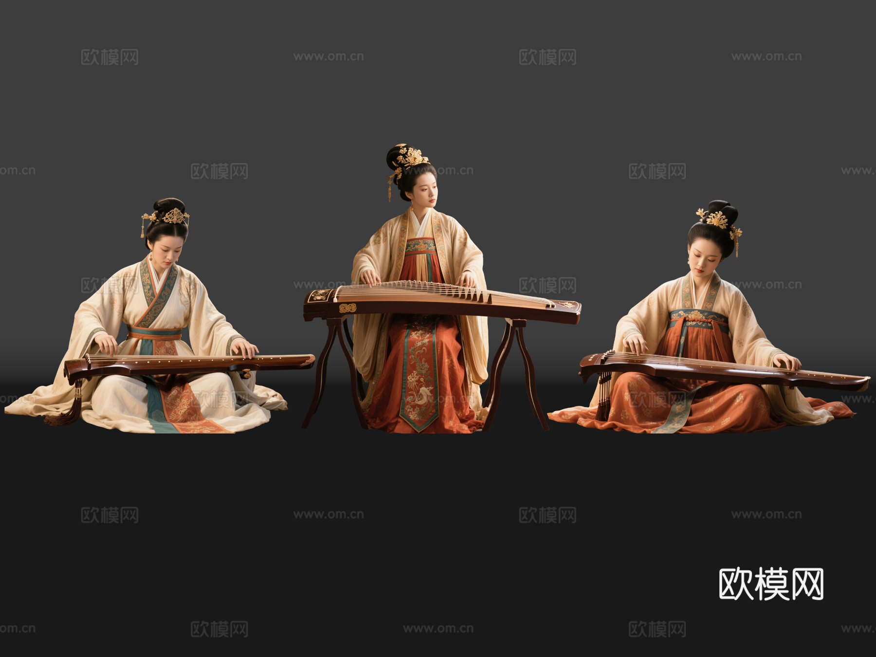 2D古装女子 宫廷乐师 古装乐师 古装抚琴 影视剧角色su模型