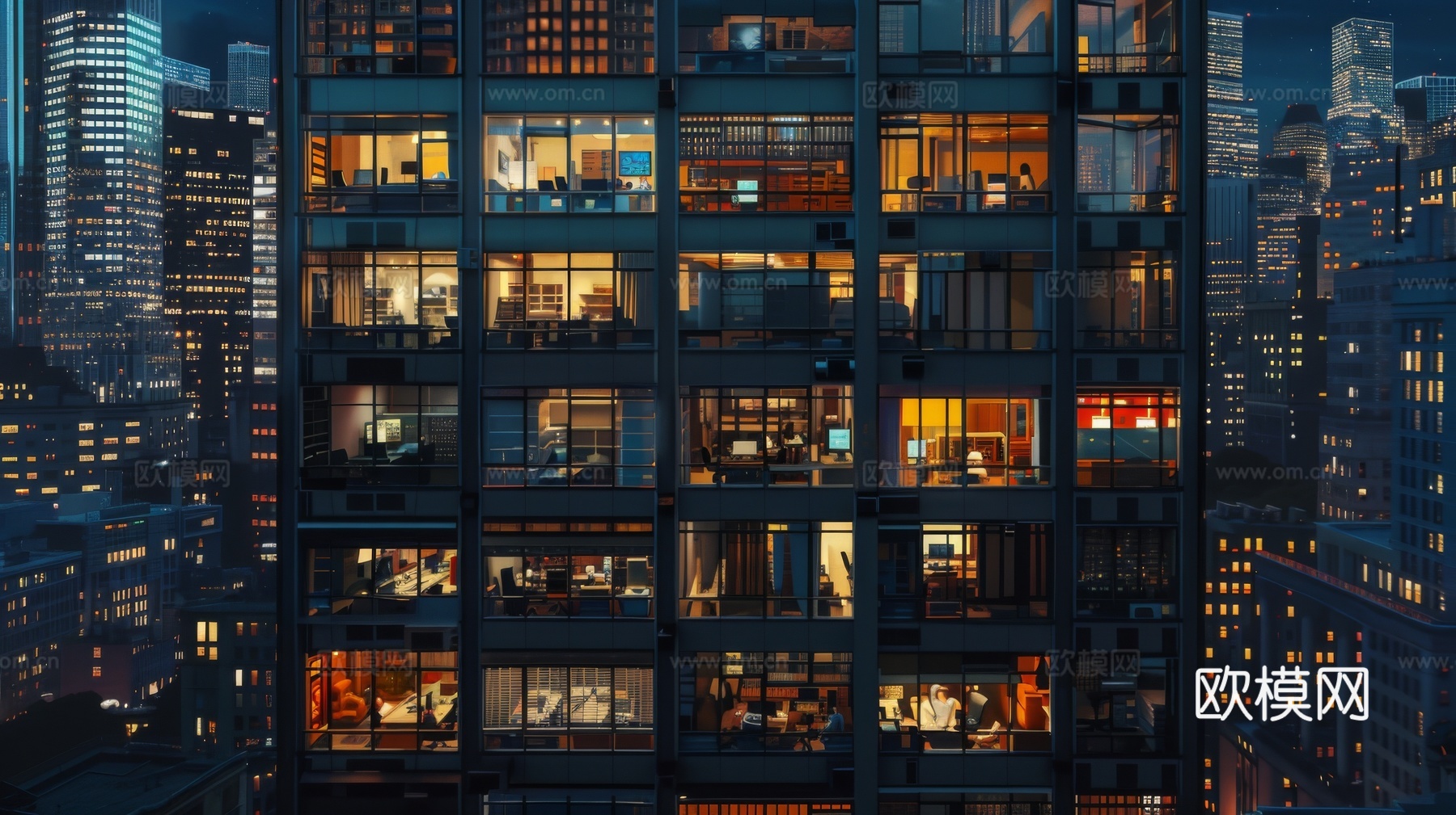 夜晚窗景建筑外立面玻璃幕墙