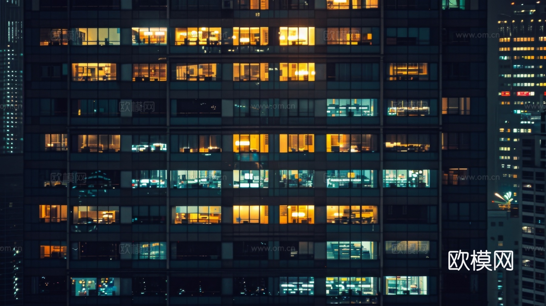 夜晚窗景建筑外立面玻璃幕墙