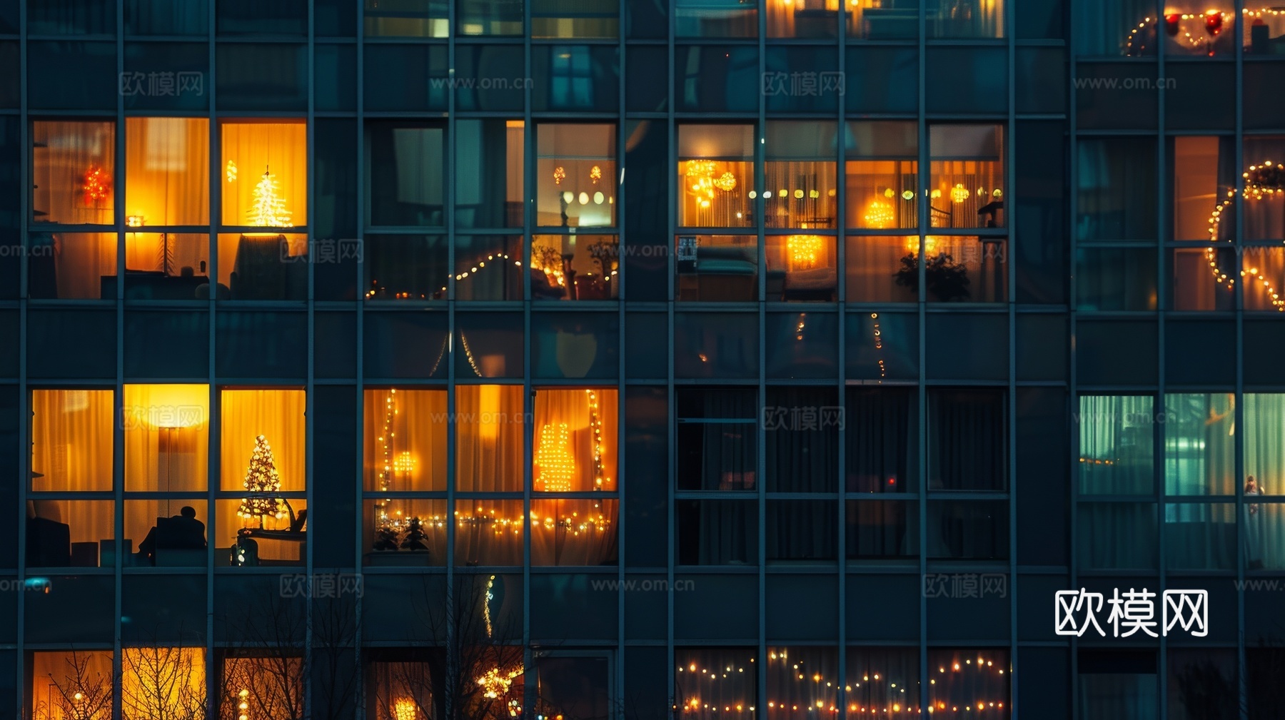 夜晚窗景建筑外立面玻璃幕墙