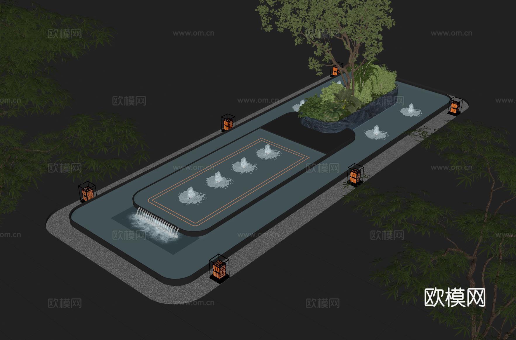 现代水景观 庭院水景 水钵叠水 跌水su模型