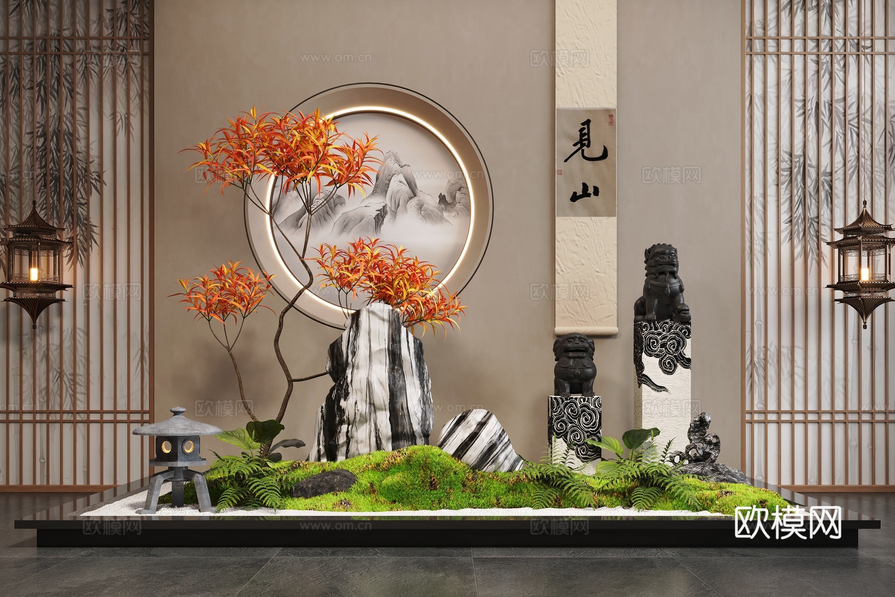 新中式景观造景 室内景观 苔藓植物 景观石su模型