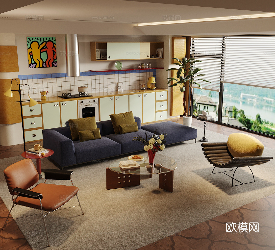 现代包豪斯客厅 后现代家居客厅 复古风客厅 孟菲斯客厅3d模型