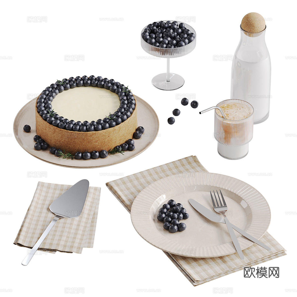 蓝莓芝士蛋糕和咖啡装饰3d模型