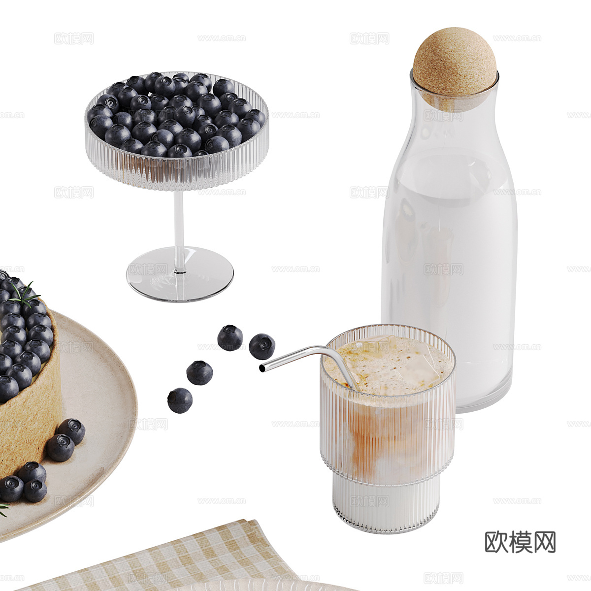 蓝莓芝士蛋糕和咖啡装饰3d模型