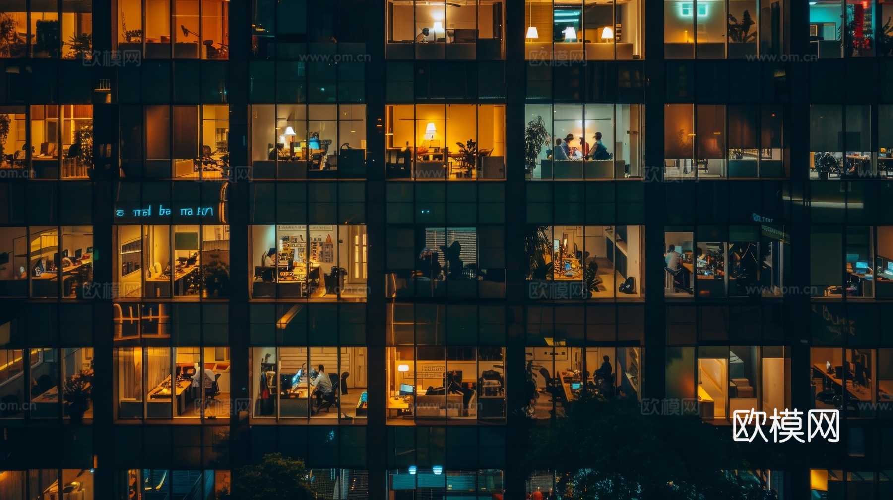 夜晚窗景建筑外立面玻璃幕墙