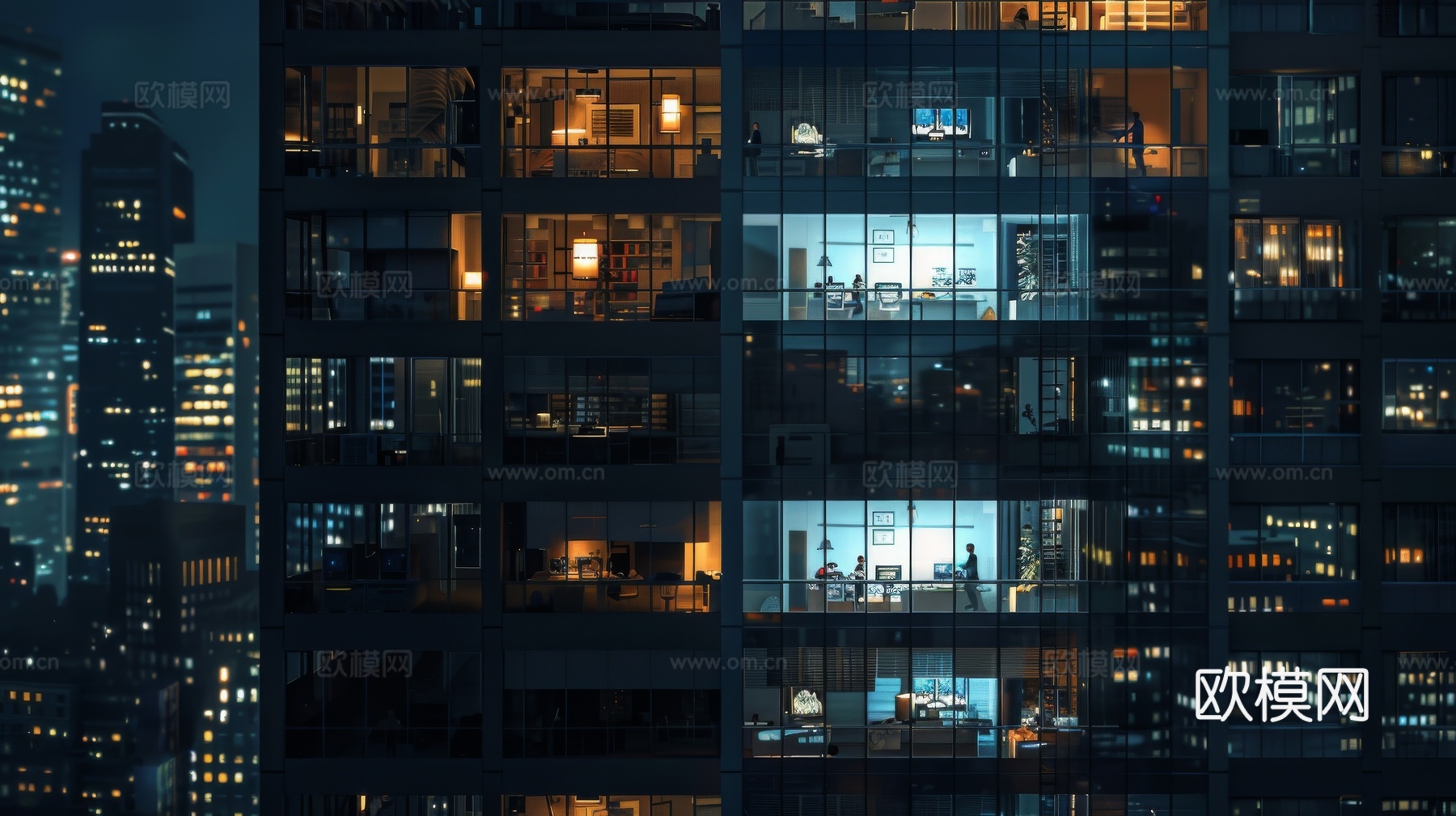 夜晚窗景建筑外立面玻璃幕墙