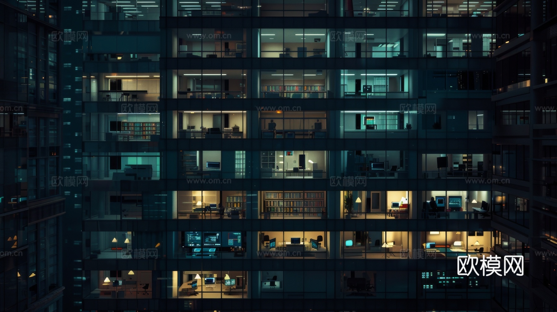 夜晚窗景建筑外立面玻璃幕墙